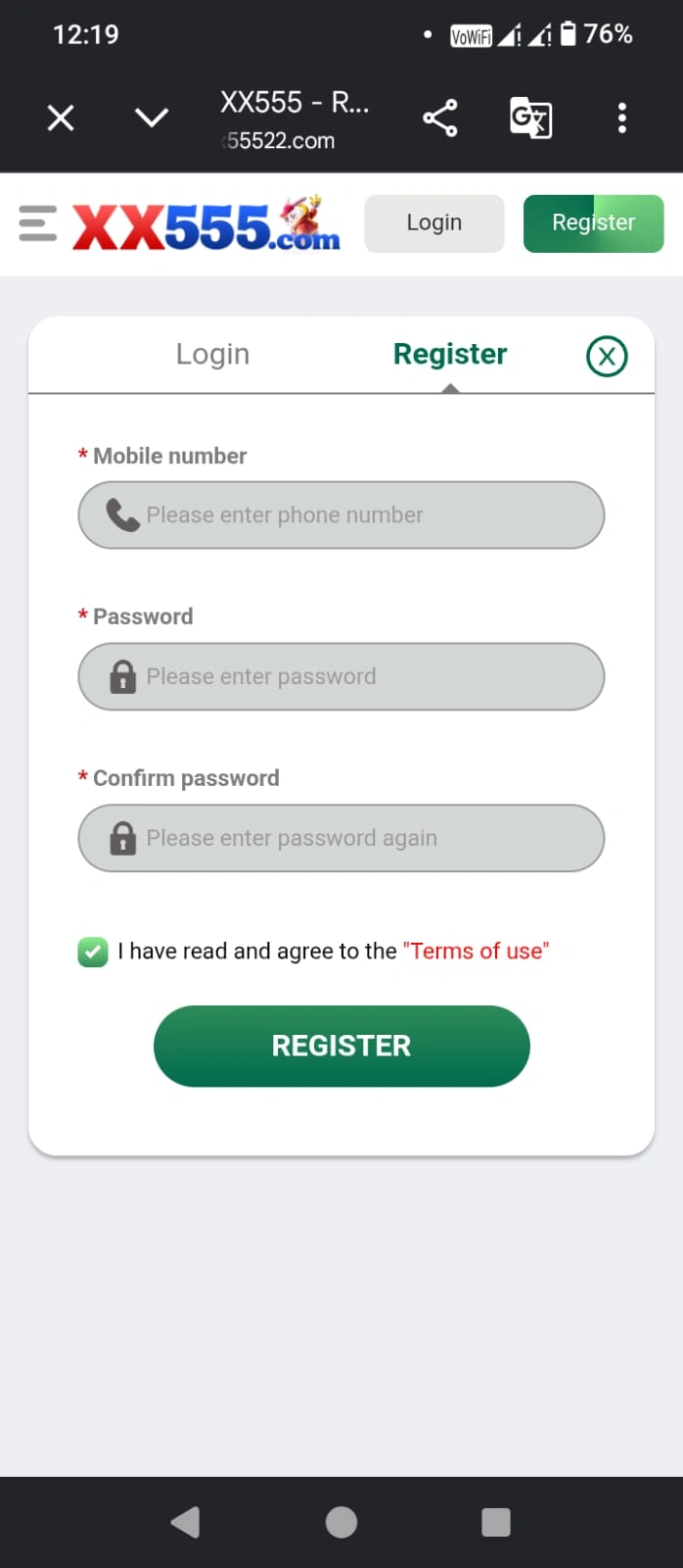 XX555 Game login